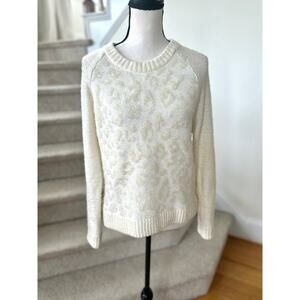 White+Warren Cream Leopard Print Leather Trim Wool Blend Sweater